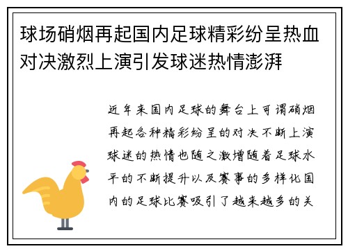 球场硝烟再起国内足球精彩纷呈热血对决激烈上演引发球迷热情澎湃