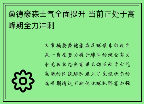 桑德豪森士气全面提升 当前正处于高峰期全力冲刺